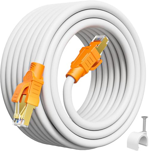 Cable Ethernet Cat 8 20 Metros, 40Gbps 2000MHz Cable de Red 20m Exterior 26AWG S/FTP Cable Internet Alta Velocidad Cable LAN Gigabit Cable RJ45 Largo Blanco POE Cable de Conexión(20 Cable Clips)