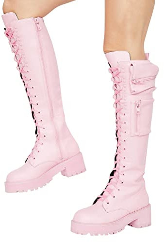 Minetom Damen Gothic Punk Plateau Stiefel Zipper Schnürboots Blockabsatz Motorrad Combat Stiefel Langschaftstiefel Ritterstiefel A Rosa 41 EU
