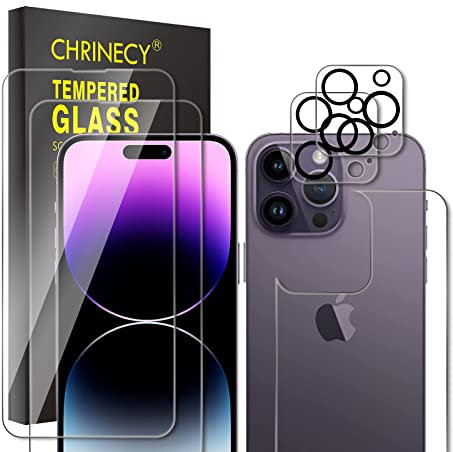 CHRINECY Tempered Glass Screen Protector for iPhone 14 Pro MAX (2 Pack) + Back Screen Protector + Camera Lens Protector (2 Pack), 9H Hardness, Anti-Scratch