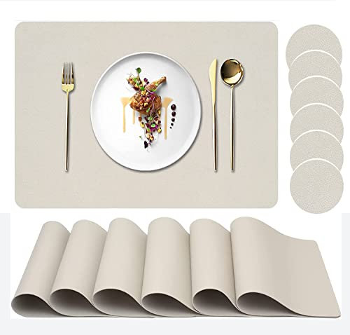 Tischsets 6er Set Kunstleder Tischsets mit Untersetzer, Wasserdicht, Fleckenabweisend, Hitzebeständig, Leicht zu Reinigen PU Tischsets für Esstisch und Dekor (6er Set, Rechteck Cremeweiß)