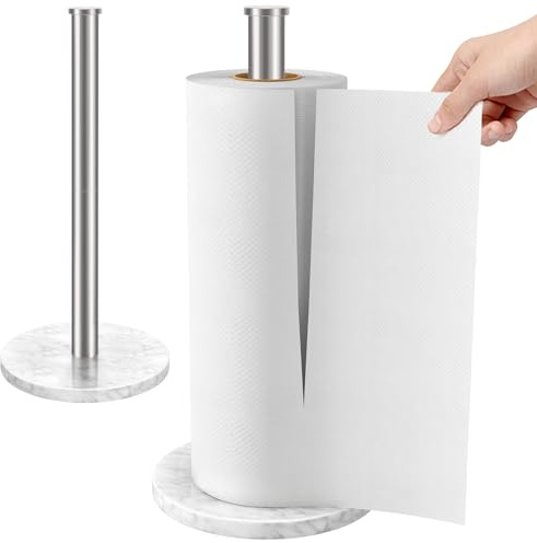 Jesginboo Kitchen Roll Holder Free Standing, Stainless Steel Paper Towel Holder Stand with Marble Base Countertop Paper Towel Dispenser for Standard and Large Size Rolls, Brushed