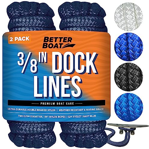 Dock Lines Boat Ropes for Docking, 3/8 Double Braided Mooring Marine Rope, 15ft Nylon Rope with Loop, Navy Blue, 2 Pack