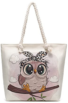 Tragetaschen mit Seilgriff, große Tragetasche mit Seilgriffen, stabiles Segeltuch, wiederverwendbar, Einkaufstaschen, Tragetasche, Strandtasche, Eulenmotiv, Large