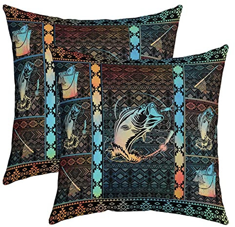 Boho Fishing Reversible Print Pillow Cover 45x45 cm,Vintage Tribal Patchwork Pack of 2 Cushion Cover,Fishermen Fishing Lover Single Pack Couch Pillow Cover