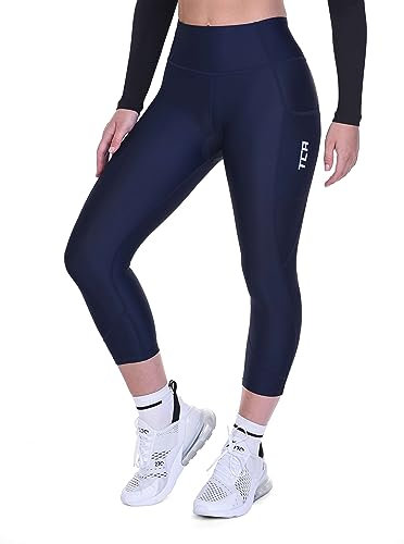 Damen 3/4 Gepolsterte Radleggings mit hoher Taille, atmungsaktive Fahrradshorts mit Taschen, rutschfest und schnelltrocknend - Dunkelblau, XL