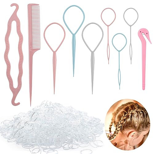 9 Pcs Topsy Tail Hair Tool With 1500 Pcs Elastic Hair Ties Hair, Hair Braiding Kit Hair Looping Tool Rat Tail Comb Ponytail Holders for Kids Girls Hair Braiding Hair Wedding Hairstyle