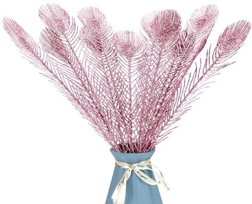 KKSTY 16 Pieces Artificial Peacock Feather Glitter Leaves Christmas Picks Sprays for Xmas Tree Decoration Vase Filler Flower Arrangment Christmas Wreath DIY Crafts Decor (Pink)