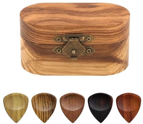 Wooden Guitar Picks and Guitar Pick Holder Case Set, 5 Plectrum for Acoustic Guitar with Mini Guitar Pick Box, Guitar Plectrums for Electric Acoustic Brass Guitar Mandolin Banjo