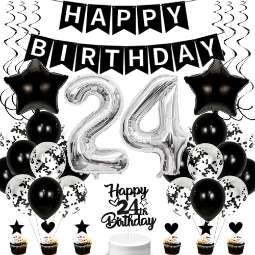 Conruich Luftballons 24. Geburtstag Dekoration - Schwarz Tortendeko für Mann und Frau, Folienballon Zahl 24 Silber, Deko für 24 Jahre Frauen Männer
