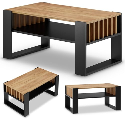 defiPad Table Basse Moderne avec lamelles décoratives – 92 cm de Large – Grande Table de Salon en chêne Robuste et Stable – Fabrication européenne (Noir + Chêne)