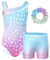 JiAmy Turnanzug Mädchen, Gymnastikanzug Kinder mit Hose Haarband Set, Glänzendes Gymnastik Turnanzug Leotard für 11-12 Jahre Blau Rosa Sterne