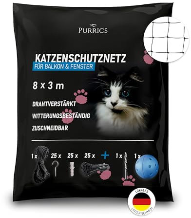 Purrics Katzennetz für Balkon & Fenster Drahtverstärkt | 8x3m | Schutznetz ohne Bohren | Katzengitter drahtverstärkt | wetterbeständig & bissfest | Befestigungsset inklusive | Katzenschutznetz schwarz