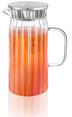 Wilmax - Carafe en verre avec couvercle en acier inoxydable - 1000 ml - Carafe à eau en verre strié - Carafe à eau pour jus, eau, thé glacé, lait - Lavable au lave-vaisselle