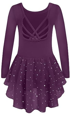 Arshiner Ballett Kleidung Mädchen Ballettkleid Baumwolle Langarm Ballettanzug Violet Balletttrikot Ballettrock Kinder Tanzkleider mit Tutu 130/3-4 Jahre