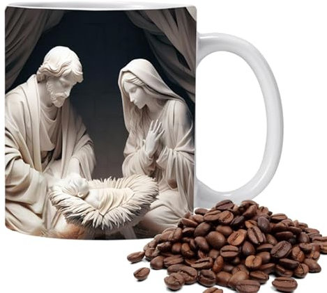 Taza de café de Navidad, taza de café pintada con gráfico | Taza de agua de cerámica con escena de la belén 3D, taza de café elegante de 11 onzas, tazas de bebida para café, té, chocolate caliente,