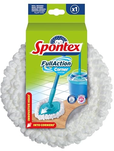 Recambio de cabezal de mopa giratoria Spontex Full Action Corner System|Llega a todos los rincones|Fácil sistema de escurrido y aclarado con giro de 360°| Limpia suelos laminados, de madera y baldosas