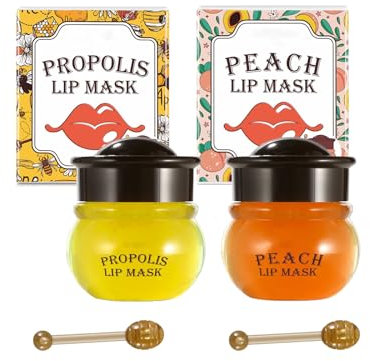 Lip Sleeping Mask Moisturizing Lip Mask Skincare Lip Balm Set, 2 Pcs Peach+Honey Bee Balm Lip Mask for Day&Night Lip Care, Lighten Dark Lip Color Reduce Lip Lines, Repair,Prevent Dry Crack