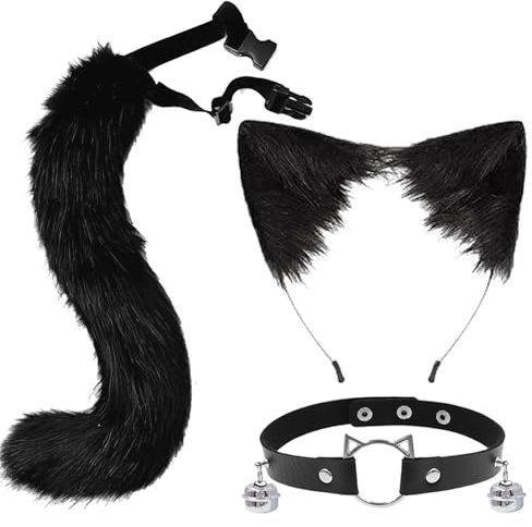 Auzlya 4 Stück Fuchs Kunstpelz Schwanz Set, Katzen Ohren und Schwanz,Halloween Cosplay Kostüm Zubehör,Fuchsschwanz Cosplay,mit Ohren und Glockenkragen,Damen Netzstrümpfe,für Cosplay Set für Damen