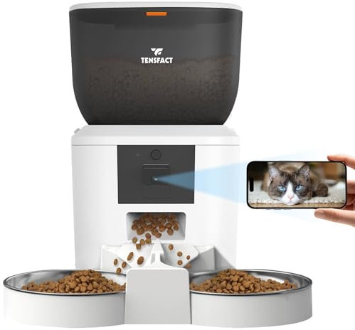 Tensfact® Gamelle Automatique Chat - Distributeur Automatique Chat avec Caméra Full HD - Gamelle Simple et Duo - Blanc