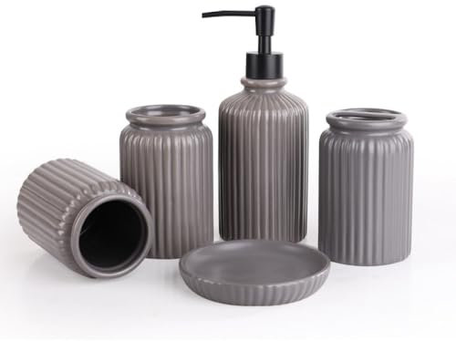 CCKUHN 5 Pezzi in Ceramica a Strisce Grigie Set di Accessori per Il Bagno Porta spazzolino/Bicchiere per spazzolino Dispenser di Sapone Dispenser di Sapone Set da Bagno Regalo, Grigio, Ta