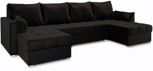 Masseno Ecksofa NAKO mit Schlaffunktion U-Form, Sofa mit Bettkasten, Wohnzimmersofa, Couch, Soffa, Bettsofa, Couchgarnitur- Schwarz, Kronos 07