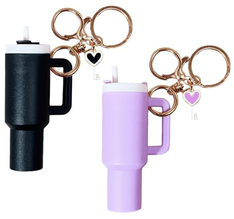 QKEPCY 2 Stück Becher Schlüsselanhänger Mini Tasse Anhänger Trinkbecher Charm Taschenanhänger Rosegold Herz Deko