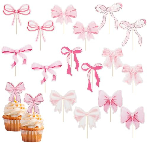 18 Stück Rosa Schleife Cupcake Deko, 9 Muster Niedlich Schleife Cupcake Topper, Hochzeit Accessoires Tortendeko Schleifen, Schleifes Deko Geburtstag Essbar für Hochzeit Babyparty Bachelorette Party