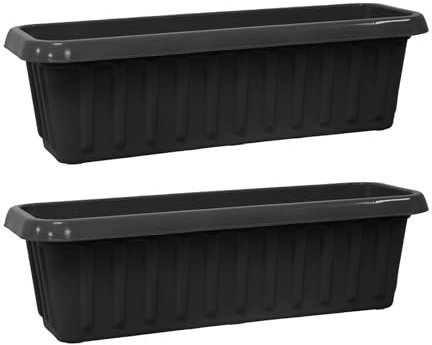 simpa Plastic Chunky Garden Trough Planter Pots 50cm Length - BLACK, Set of 2 Pots - Suitable for Indoor or Outdoor Use with DIY Drainage Holes.