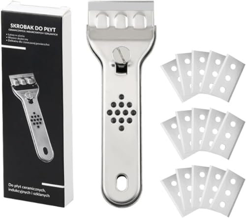 Glass Ceramic Scraper in Stainless Steel, Kitchen Glass Scraper with Blade Protection, Glass Ceramic Hob Scraper with 15 Spare Blades, Induction Hob Scraper