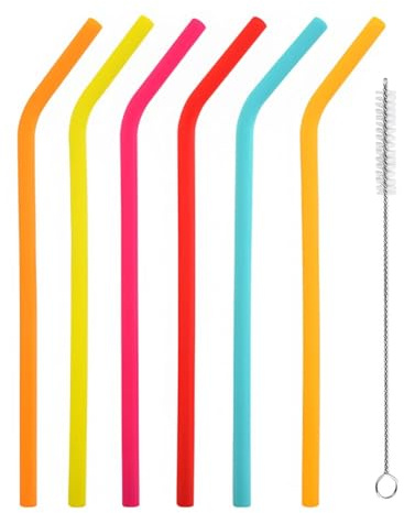6 Pack Silicone Reusable Straws, Colorful Bend Drinking Straws, 17.5cm Flexible Drinking Straw with Cleaning Brush, Soft Replacement Straw Smoothie Straws for Cocktail, Juice, Milkshake