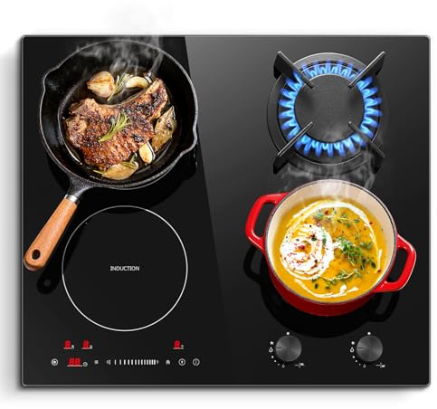 SNDOAS 60cm Piano Cottura Misto Gas e Induzione 4 Fuochi 7500W, Con Spina | Induzione 2 Zone 4100W con Ponte/Boost/Timer, Gas 2 Zone 3400W con Bruciatore Wok, Sicurezza Bambini, Vetroceramica Nero