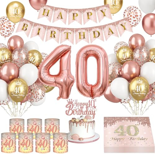 40 Geburtstag Frauen Deko, Rose Gold 40. Geburtstag Frauen, 8 Windlicht Tischdeko, 40th Geburtstagsdeko Luftballons, Happy Birthday Banner Servietten Tortendeko, 40th Geburtstagsparty Deko Supplies