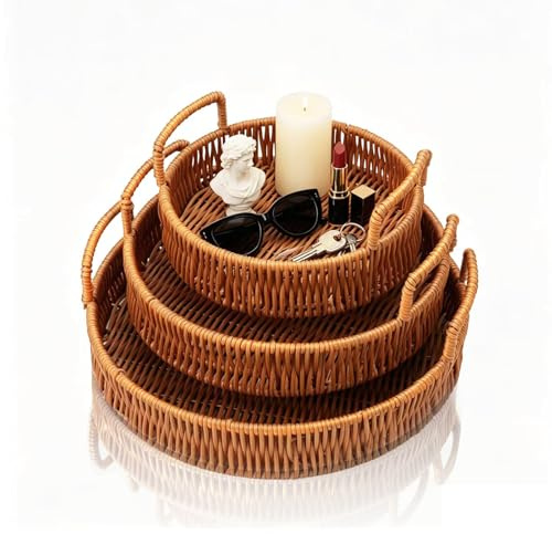Mulaibdin 3 bandejas decorativas de ratán redondas, bandejas trenzadas con asa, bandeja para servir, algas marinas, mesa de centro, decoración natural, bandeja de mimbre para pan, frutas, velas