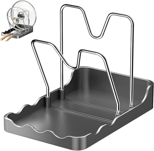 SHSHbuy Kitchen Pan Lid Holder,2 in 1 Pot Lid Organizer,Multifunctional Chopping Board Holder with Spoon Rest Space Saving Utensil Rack,Kitchen Organiser Rack for Ladles,Tongs,Spatula,Lids（Grey）