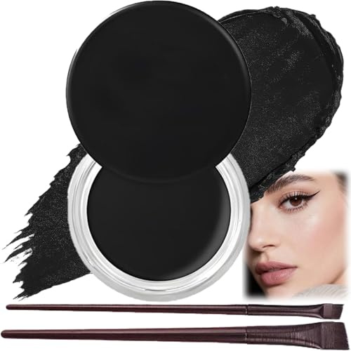 Waterproof Gel Eyeliner Pot In Black With 2 Brushes - Creamy Smooth Smudge Proof Long Wear Formula For Precise Eye Looks And Brow Definition Makeup Kit, Professional Artistry Cosmetic Set For Easy
