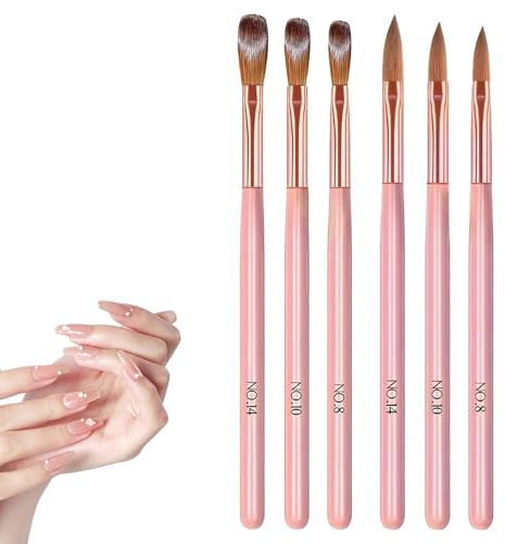 Acrylic Nail Brush Set, 6pcs Pink Brushes in Sizes 8, 10 and 14 | Nail Extension and Art Design Brushes, Application Round Head Crimped Nail Art Brush Manicure Tool Set
