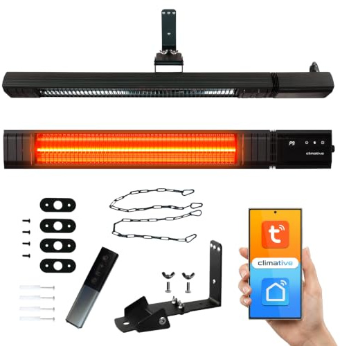 Climative Infrarot Heizstrahler 2500W RAY WiFi, 9 Stufen, IP65, Carbon-Heizelement bis zu 10000 Std, Terrassenheizer Outdoor, Infrarotheizung Wandmontage, Heizstrahler Terrasse & Garten, Montageketten