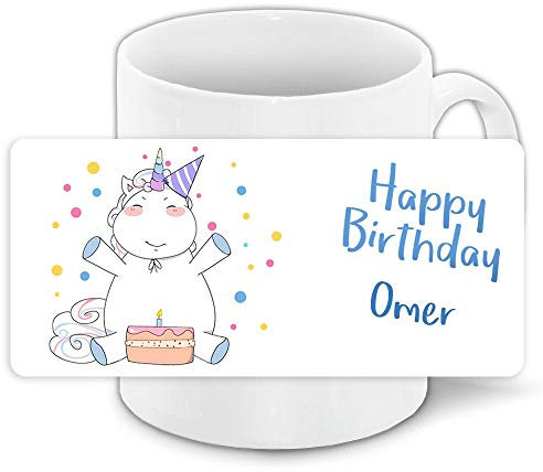Tasse mit Namen Omer und Einhorn-Geburtstags-Motiv | Keramik-Tasse | Motiv-Tasse