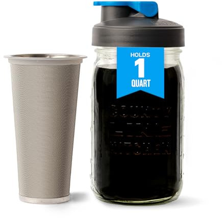 County Line Kitchen Cold Brew Coffee Maker, Mason Jar Pitcher - Heavy Duty Soda Lime Glass w/Stainless Steel Mesh Filter & Flip Cap Lid - Iced Tea & Coffee