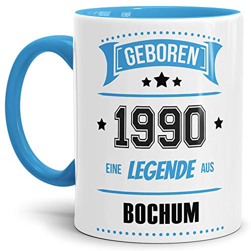 Tassendruck Geburtstags-Tasse Geboren 1990 Eine Legende aus Bochum Innen & Henkel Hellblau/Geschenk/mit Spruch/Mug/Cup/Becher/Qualität Made in Germany