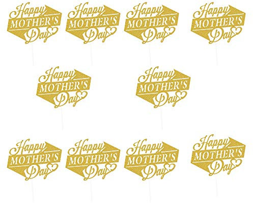 BinaryABC Happy Mother's Day Cake Toppers Cupcake Picks Cake Decoration Party Supplies, 10 Stück (Golden Glitter)