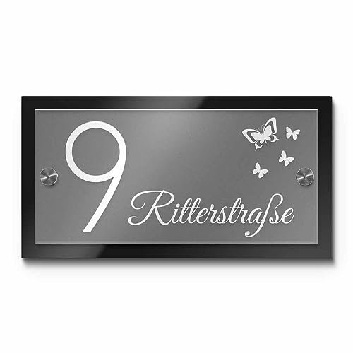 Hochwertiges Namensschild Hausnummer mit Gravur aus Acrylglas 23x12 cm mit über 80 Motiven Türschild für die Haustür mit Namen Haustürschild Familienschild Haus Garten