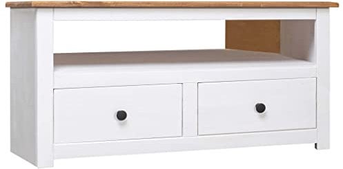 vidaXL Massivholz Panama-Kiefer TV Eckschrank 2 Schubladen 1 Fach Ecktisch Lowboard Fernsehschrank HiFi-Schrank Fernsehtisch Weiß 93x49x49cm