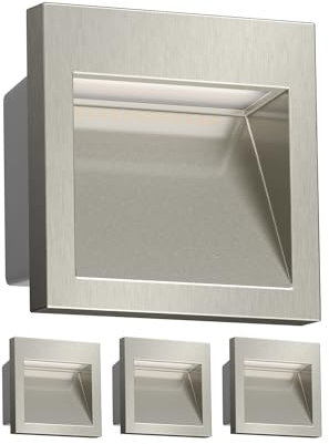 ledscom.de 4 Stück LED Wandeinbauleuchte NOLA, Downlight für außen, IP54, aluminium glänzend, 90 x 90mm, warmweiß