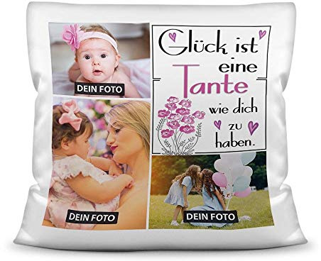 Tassendruck Kissen inkl. Kissenfüllung mit Fotocollage zum selbst Gestalten mit DREI Fotos und Spruch - Glück ist, eine Tante wie Dich zu haben - Kissen Weiß, 40 x 40 cm