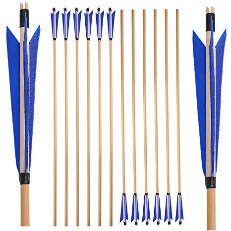 SHARROW 6/12 PCS Holzpfeile für Bogenschießen 31 Zoll Jagdpfeile Pfeile für Bogen mit 5 Zoll Naturfedern Pfeile Holz in Handarbeit, ohne Pfeilspitze (Blau, 12 PCS)