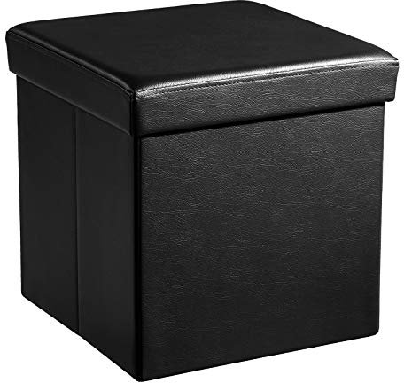 SONGMICS Storage Ottoman Cube, Footstool, Holds up to 300 kg, Synthetic Leather, Upholstered Storage Stool, Black LSF010B05