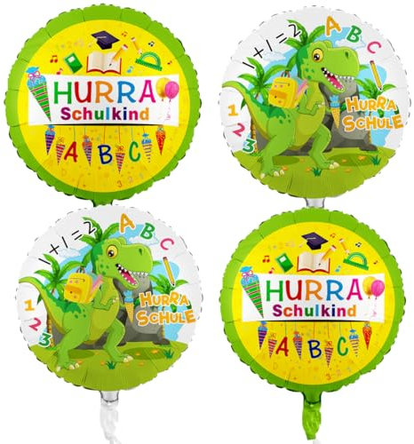 4 Schulanfang Folienballon, Einschulung Junge Deko, Dinosaurier HURRA SCHULE Helium Ballon, ABC Schuleinführung Folien ballons, Schulkind Folien Luftballon, Schulstart Schule Ballon for child