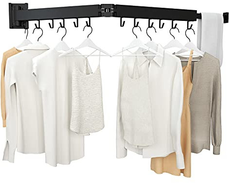 Einziehbarer Wäscheständer, Wäscheständer, Wandmontage, mit Handtuchstange, platzsparend, faltbar, starke Tragkraft, für Balkon, Wäsche, Badezimmer, Terrasse und Schlafzimmer (Schwarz, 2 Stück)