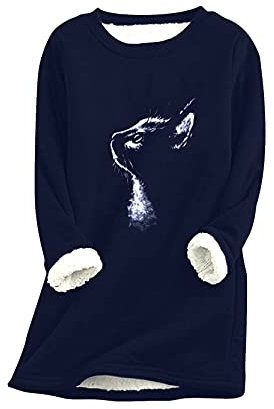 Yming Frauen Teddy Fleece Pulli Katze Warm Sweatshirts Nachahmung Lammhaar Langarm Pulli M-Navy Blau XXL